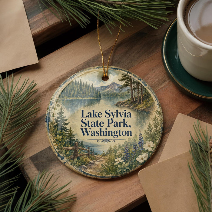 A round ornament with a scenic lake and forest landscape, featuring the text "Lake Sylvia State Park, Washington".