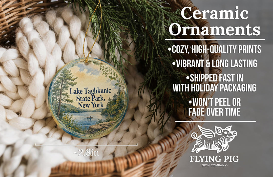 Ceramic ornaments, featuring a lake and trees, are displayed in a basket.