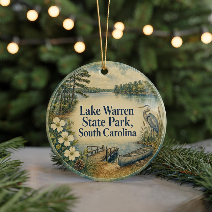 A round ornament with a scenic lake and park landscape, featuring a bird and a boat, is displayed on a surface with pine branches and twinkling lights in the background.