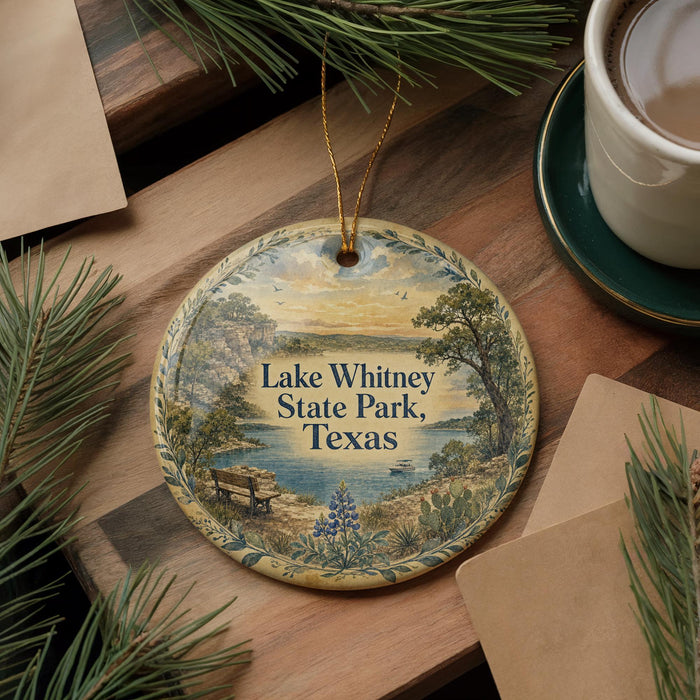 A decorative ornament with a scenic landscape of Lake Whitney State Park, Texas, featuring a bench, pine trees, and a lake.