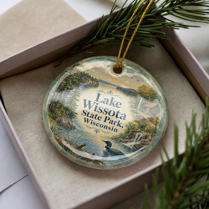 A decorative ornament with a lake and forest scene, featuring a bird and a waterfall, is displayed in a box with pine branches.