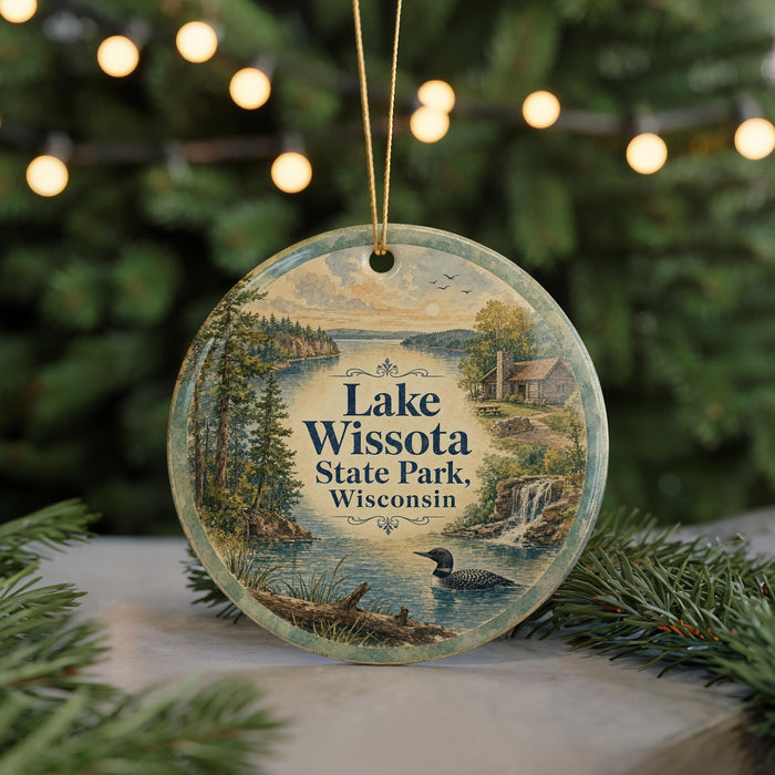 A round ornament featuring a scenic landscape of Lake Wissota State Park, Wisconsin, with a bird in the foreground and a waterfall in the background.
