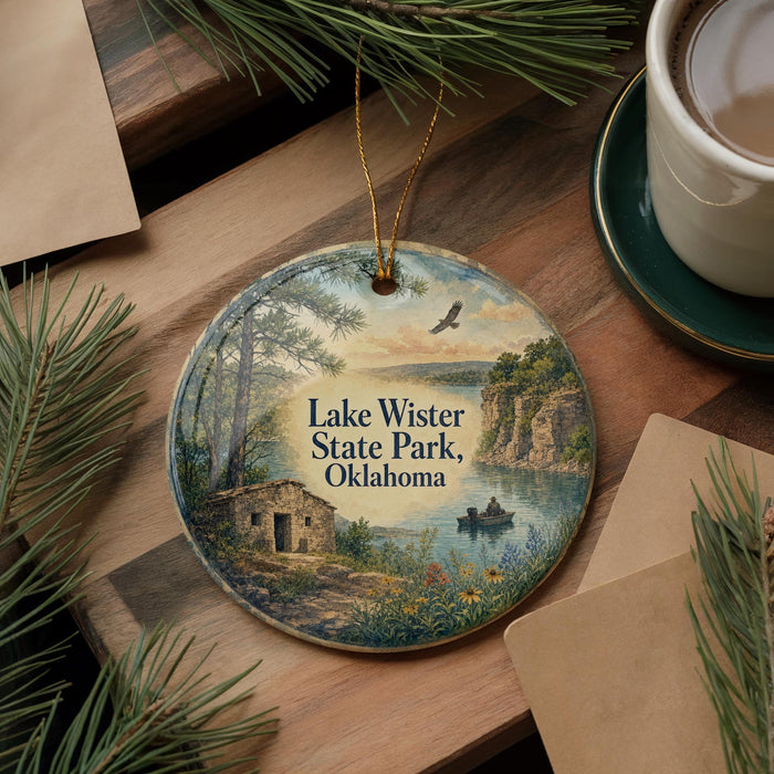 A round ornament with a painting of Lake Wister State Park, Oklahoma, featuring a cabin, a river, and a bird in flight.