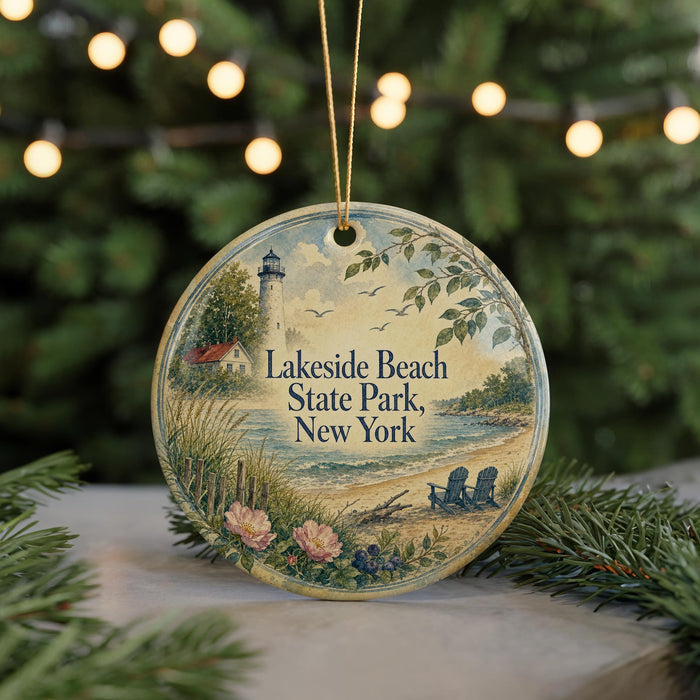 A round ornament with a lighthouse and beach scene, surrounded by greenery and a string of lights.