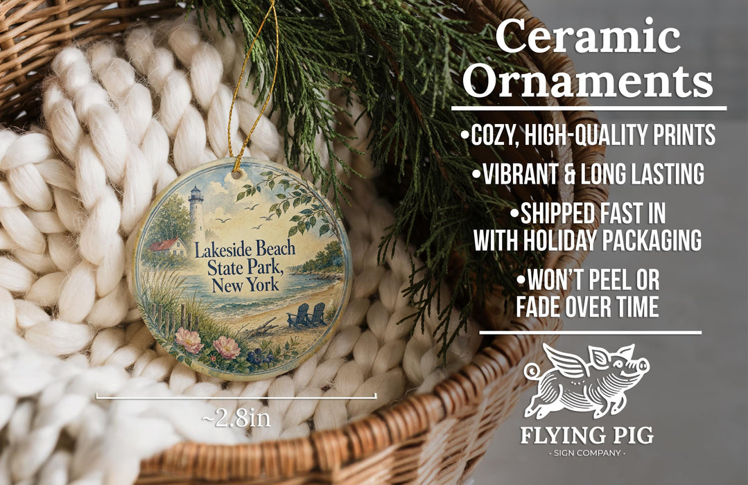Ceramic ornaments, specifically a round ornament with a lighthouse and lake scene, are displayed in a basket.