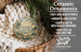 Ceramic ornaments, specifically a round ornament with a lighthouse and lake scene, are displayed in a basket.