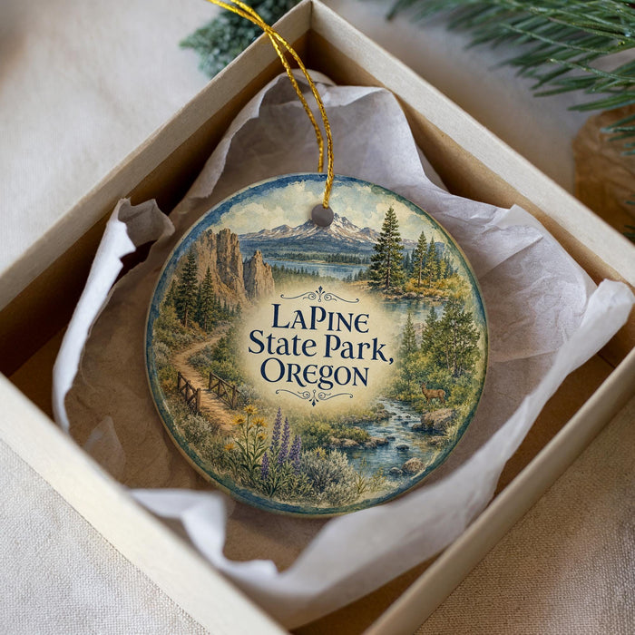 A decorative ornament in a box, featuring a scenic landscape with mountains, trees, and a river.