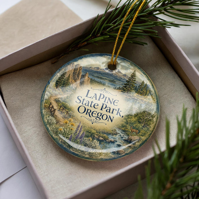 A decorative ornament in a box, featuring a scenic landscape with mountains, trees, and a river.