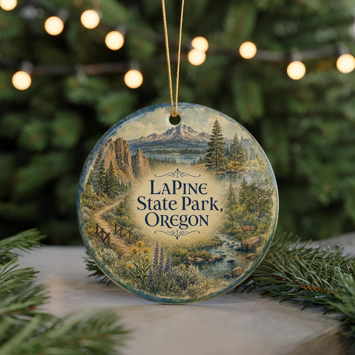 A round ornament with a scenic landscape of La Pine State Park, Oregon, featuring mountains, forests, and a river.