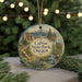 A round ornament with a scenic landscape of La Pine State Park, Oregon, featuring mountains, forests, and a river.