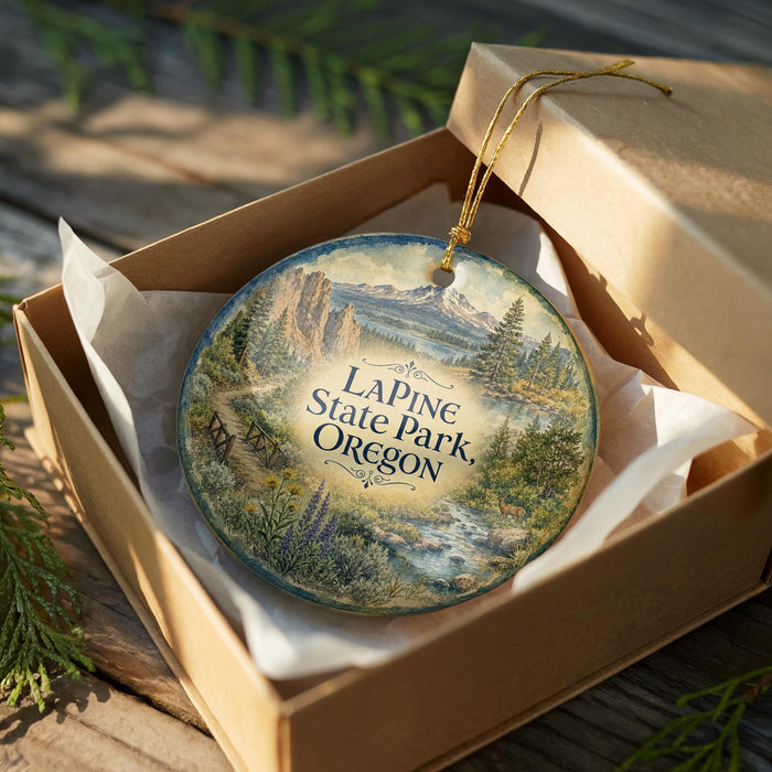 A decorative ornament in a wooden box, featuring a scenic landscape with mountains, trees, and a river.