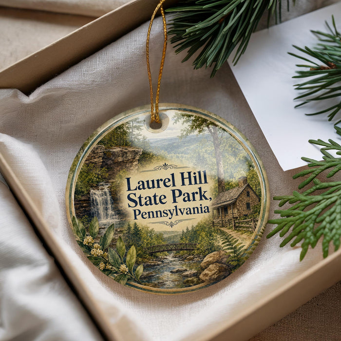 A round ornament with a scenic image of Laurel Hill State Park in Pennsylvania, featuring a waterfall, pine trees, and a cabin.