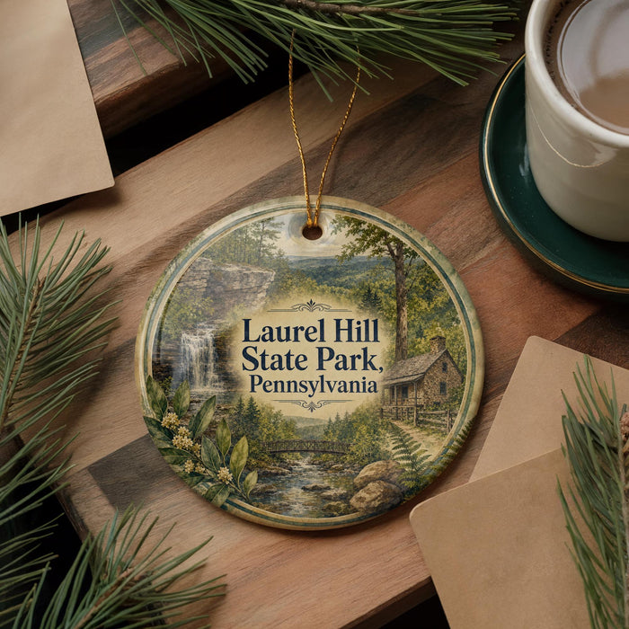 A round ornament with a scenic image of Laurel Hill State Park in Pennsylvania, featuring a waterfall, cabin, and forest. The ornament is hanging from a string and is placed on a wooden surface, surrounded by pine branches and a cup of coffee.