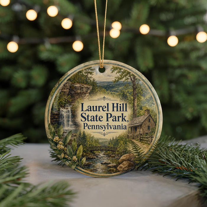 A circular ornament featuring a scenic image of Laurel Hill State Park in Pennsylvania, with a waterfall and a cabin in the background.
