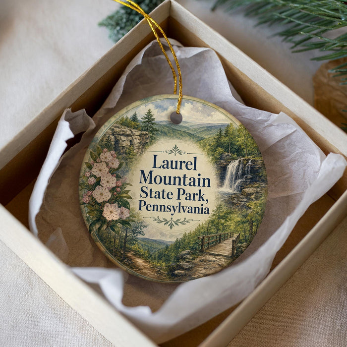 A round ornament with a scenic image of Laurel Mountain State Park, Pennsylvania, hanging from a string.