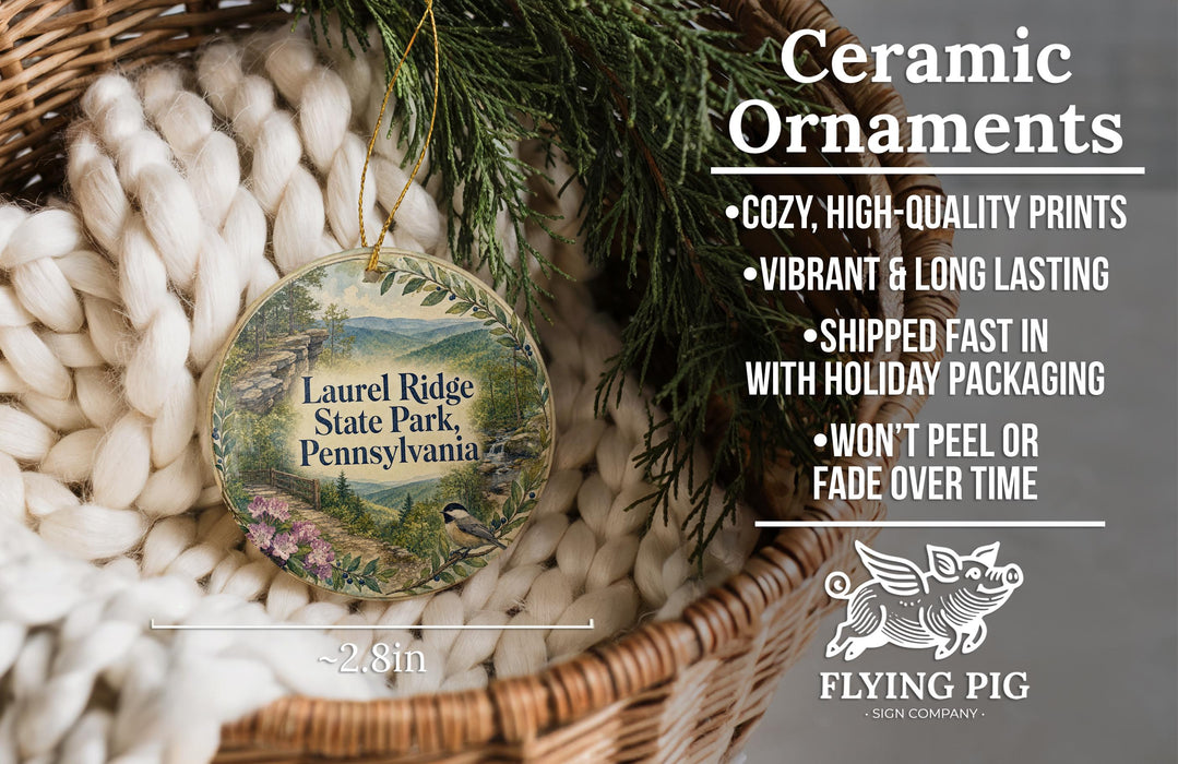 a ceramic ornament hanging from a wicker basket, with a description of the ornament and its features.