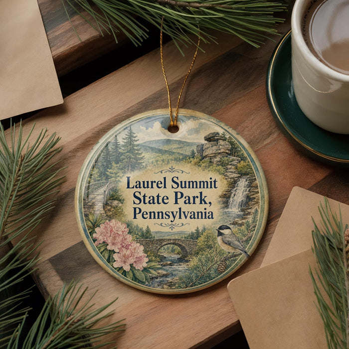 A round ornament with a scenic landscape of Laurel Summit State Park, Pennsylvania, featuring a bird, flowers, and a waterfall.