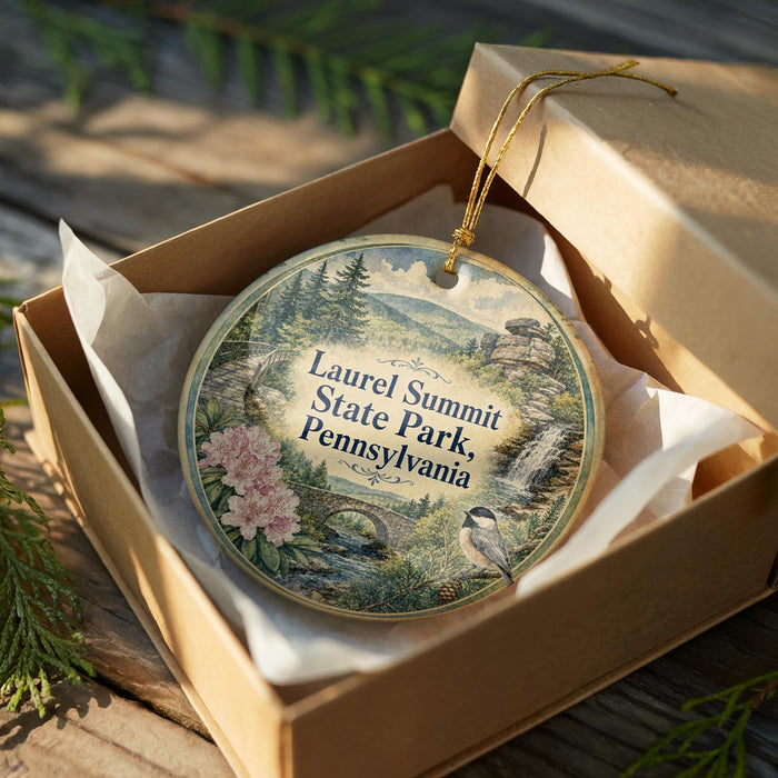A round ornament in a box, featuring a scenic landscape with a bird, flowers, and a waterfall, with the text "Laurel Summit State Park, Pennsylvania" printed on it.