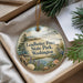 A round ornament with a scenic landscape of Leadbetter Point State Park, Washington, featuring pine trees, a lake, and a bird.