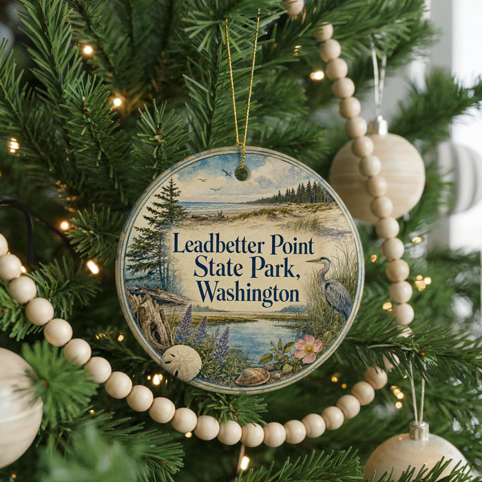 A round ornament hanging on a Christmas tree, featuring a scenic image of Leadsbetter Point State Park in Washington.