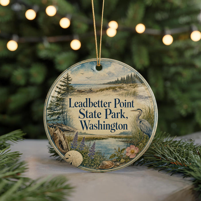 A circular ornament with a scenic landscape of Leadbetter Point State Park, Washington, featuring a bird, pine trees, and a body of water.