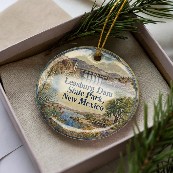 A decorative ornament with a scenic image of Leasburg Dam, a landmark in New Mexico, displayed in a box with pine branches.