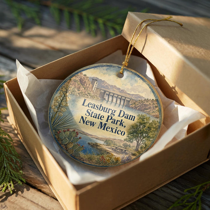 A circular ornament in a brown box, featuring an illustration of Leasburg Dam, State Park, and New Mexico.