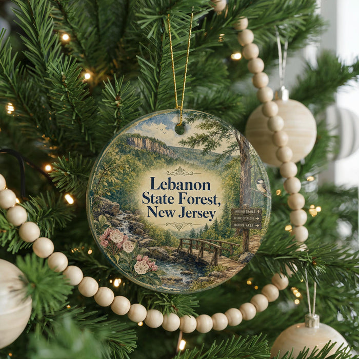 A round ornament hanging on a Christmas tree, featuring a scenic landscape of Lebanon State Forest, New Jersey.