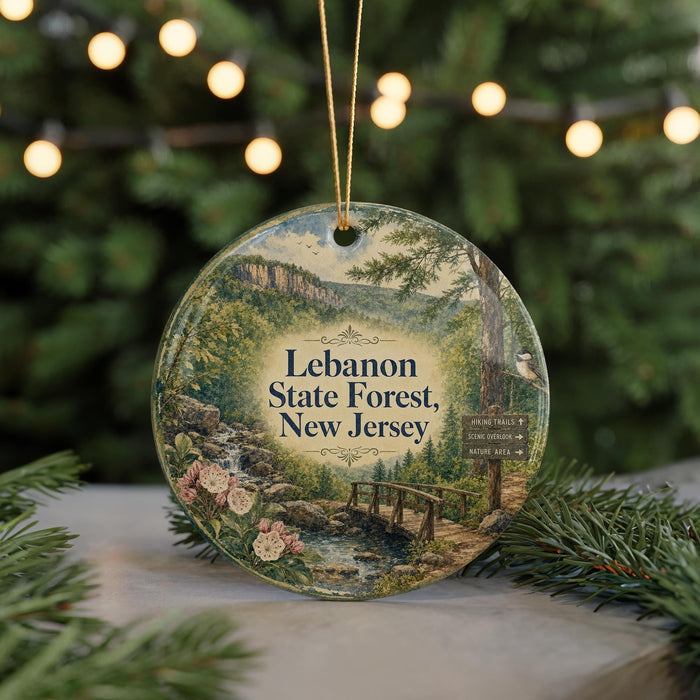A round ornament with a scenic landscape of Lebanon State Forest, New Jersey, featuring a bridge, trees, and a stream.