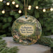 A round ornament with a scenic landscape of Lebanon State Forest, New Jersey, featuring a bridge, trees, and a stream.