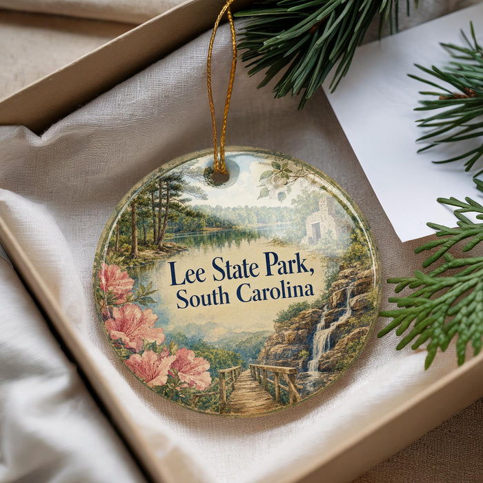 A decorative ornament with a scenic landscape of Lee State Park, South Carolina, featuring a wooden bridge, a waterfall, and pine trees.