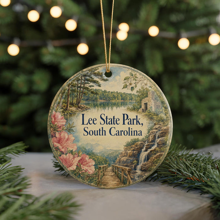 A circular ornament featuring a scenic landscape with a lake, trees, and a bridge, hanging in front of a blurred Christmas tree with lights.