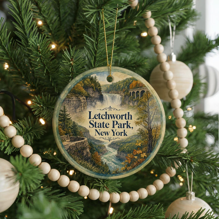 A round ornament hanging on a Christmas tree, featuring a scenic landscape with a waterfall and a bridge.