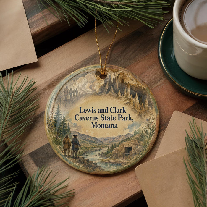 A decorative ornament featuring a scenic landscape with mountains, pine trees, and a river, hanging on a wooden surface.