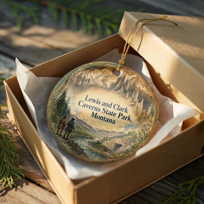 A wooden box containing a decorative ornament with a scenic landscape image and text that reads "Lewis and Clark, Caves State Park, Montana".