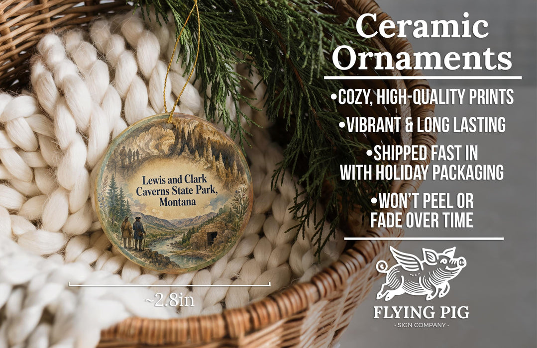 Ceramic ornaments, featuring a scenic landscape of Lewis and Clark, are displayed in a wicker basket.