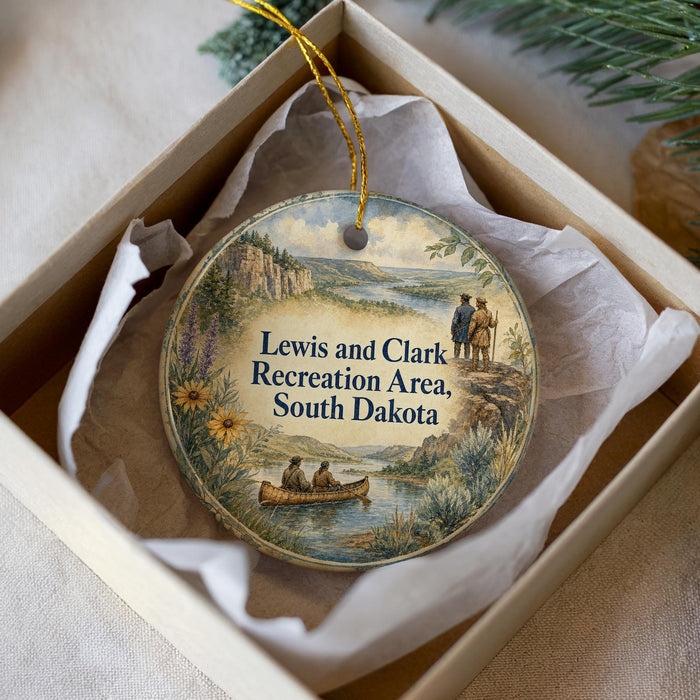 A round ornament with a scenic landscape and people in a canoe, placed in a box with a white tissue paper lining.