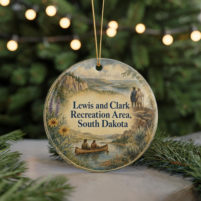 A round ornament with a scenic landscape featuring a river, mountains, and people canoeing, hanging from a string.