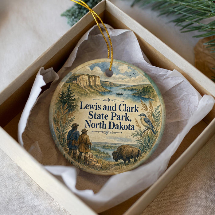 A decorative ornament in a box, featuring a scenic landscape with a river, mountains, and wildlife.