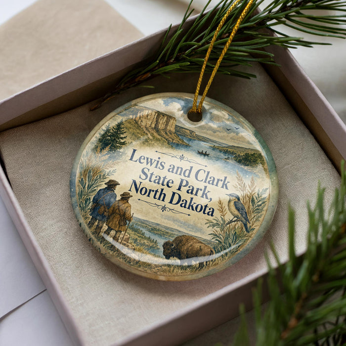 A decorative ornament in a box, featuring a scenic landscape with people, animals, and natural elements.