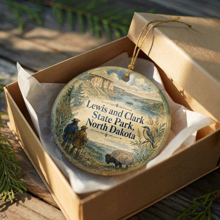 A decorative ornament in a wooden box, featuring a scenic landscape with a buffalo, a bird, and a person, along with the text "Lewis and Clark State Park, North Dakota".
