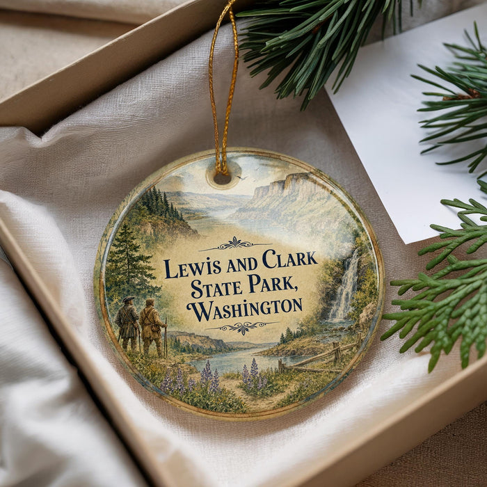A round ornament with a scenic landscape of Lewis and Clark State Park in Washington, featuring a mountain, river, and pine trees.