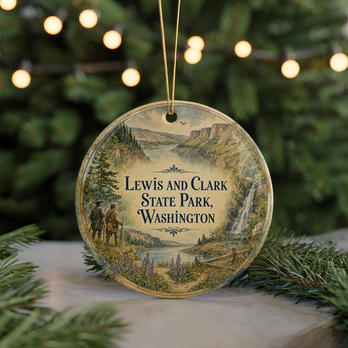 A circular ornament with a scenic landscape of a river, mountains, and pine trees, along with the text "Lewis and Clark State Park, Washington".