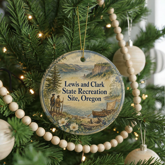A round ornament hanging on a Christmas tree, featuring a scenic landscape with mountains, a river, and people enjoying the outdoors.