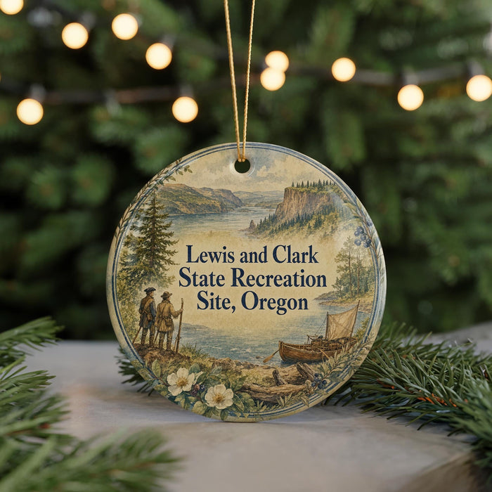 A round ornament with a scenic landscape and two figures, hanging from a string.