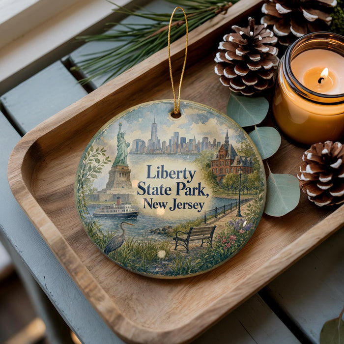 A decorative ornament featuring the Statue of Liberty and Liberty State Park in New Jersey, with a candle and pine cones on a wooden tray.