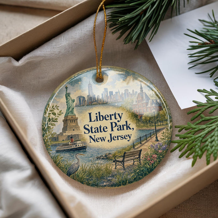 A decorative ornament featuring the Statue of Liberty and Liberty State Park in New Jersey, with a pine branch and greenery in the background.