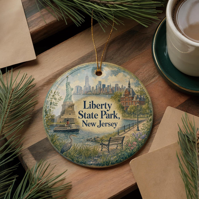 A decorative ornament featuring the Statue of Liberty and Liberty State Park in New Jersey, with a cityscape in the background.