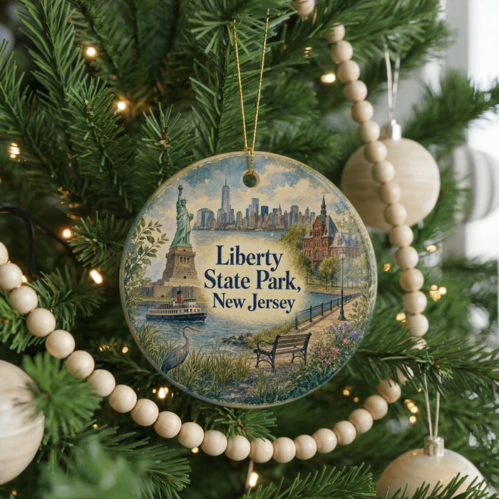A round ornament hanging on a Christmas tree, featuring an illustration of Liberty State Park in New Jersey with the Statue of Liberty in the background.