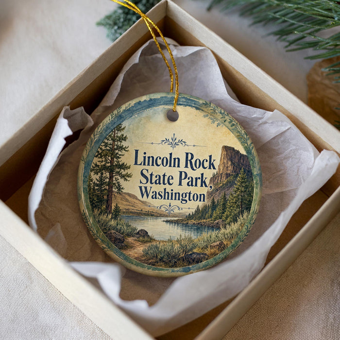 A round ornament with a scenic landscape of a lake, mountains, and trees, featuring the text "Lincoln Rock State Park, Washington".